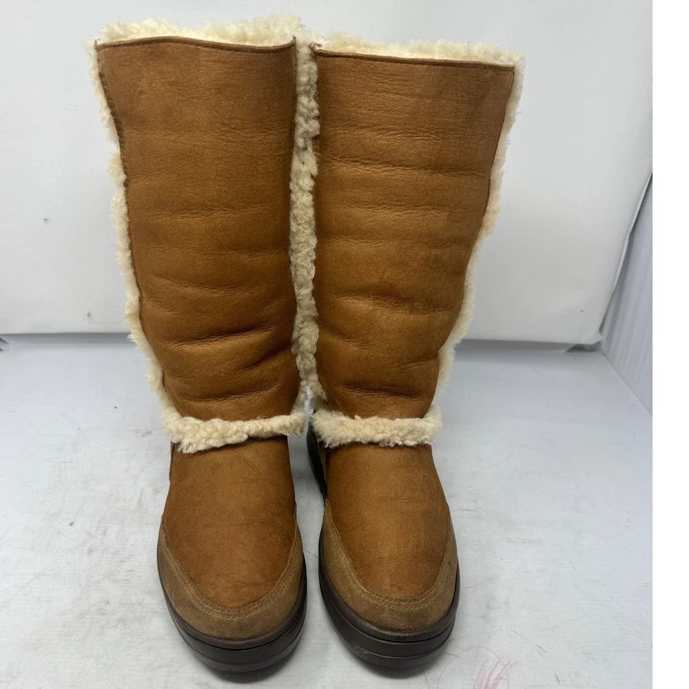 Rare🔥UGG Australia🩷🤎🩷Tall Chestnut Leather Shearling sheepskin Winter Boot 9